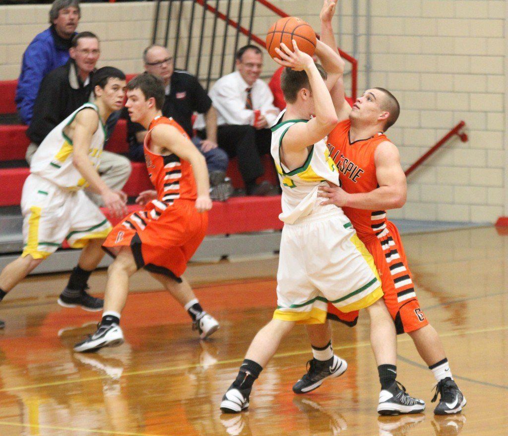 Derrick Tiburzi plays tough defense on a Southwestern offender. The Miners ended up winning 5th place in the County Tournament this week.