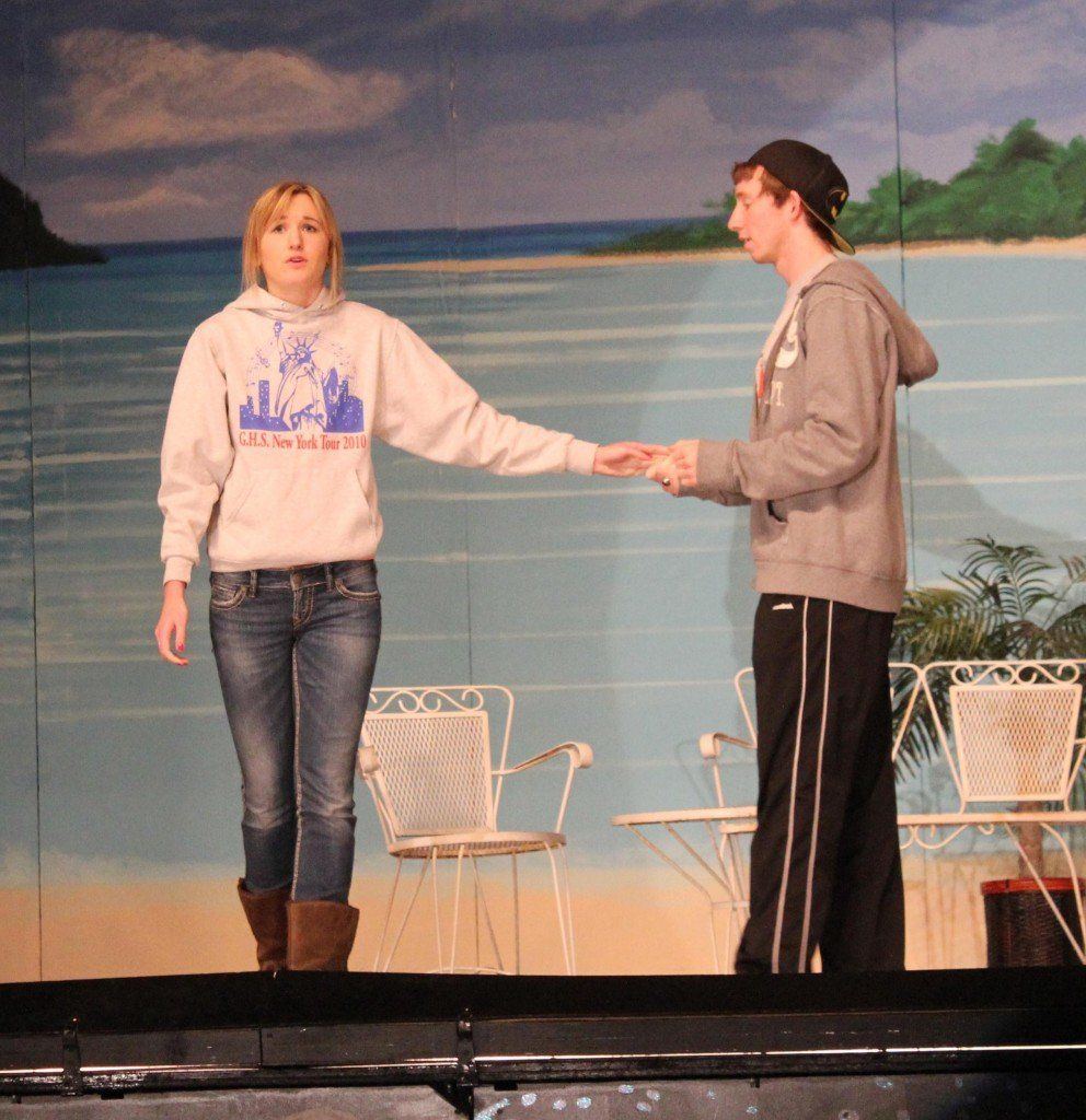 Jade Tieman and Patterson Friese practice their roles in South Pacific. The play, performed by the Gillespie High School choir, will open this Thursday evening. Tickets can be purchased at Dee-Dee's in Gillespie.
