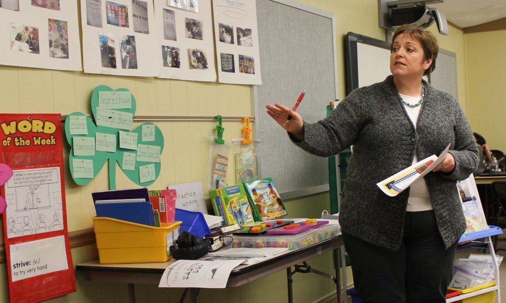 BES Principal Angela Turcol explains the Daily 5 to the school board.