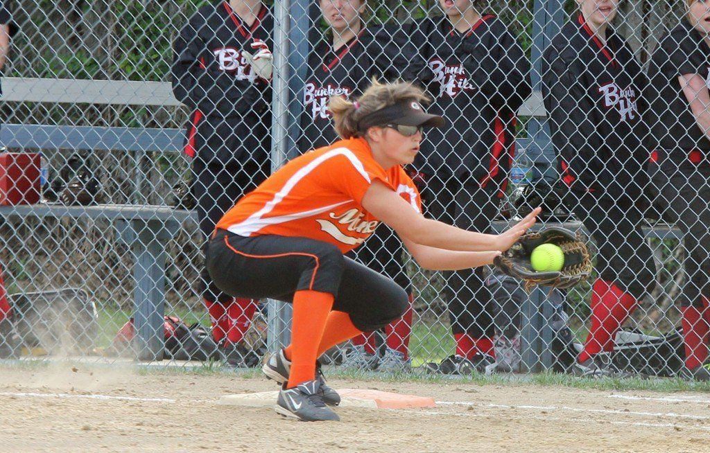 Allison Goldasich was forced to cover first base on a bunt scenario in the girls' game versus Bunker Hill this week. The Miners came up short. 