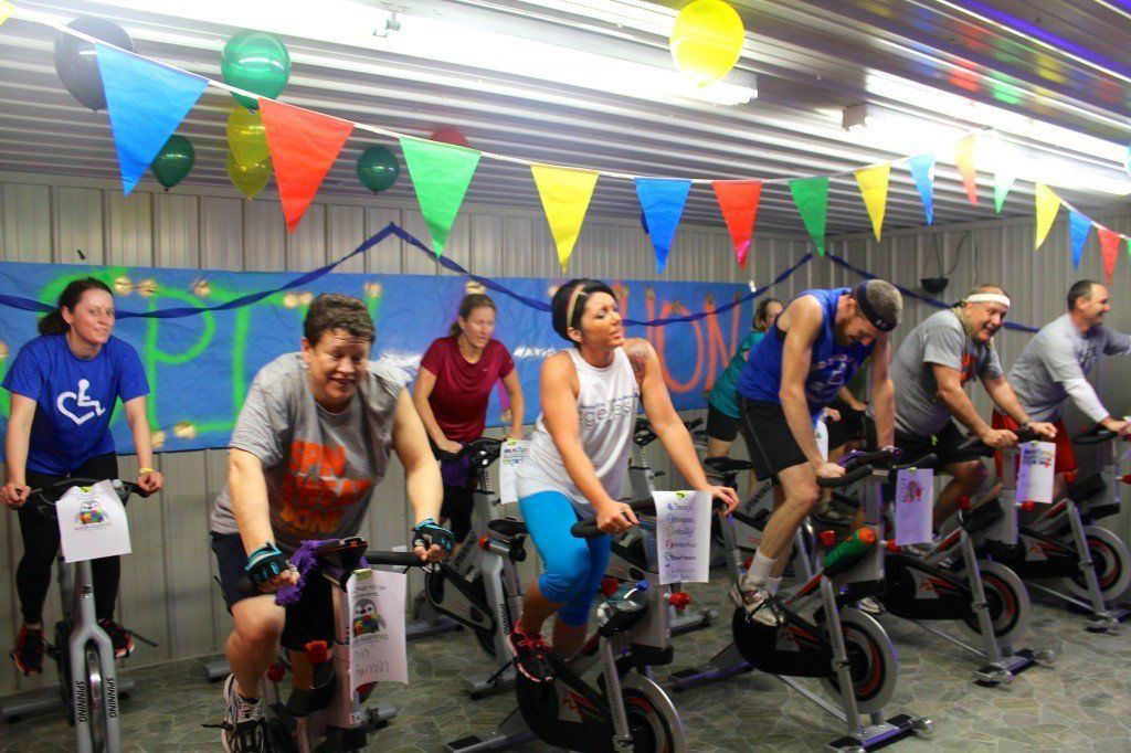 Spinners pedal away during Ageless' first ever 24 hour Spin-a-thon. 12 teams endured the 24 hour event to support Autism Speaks. 