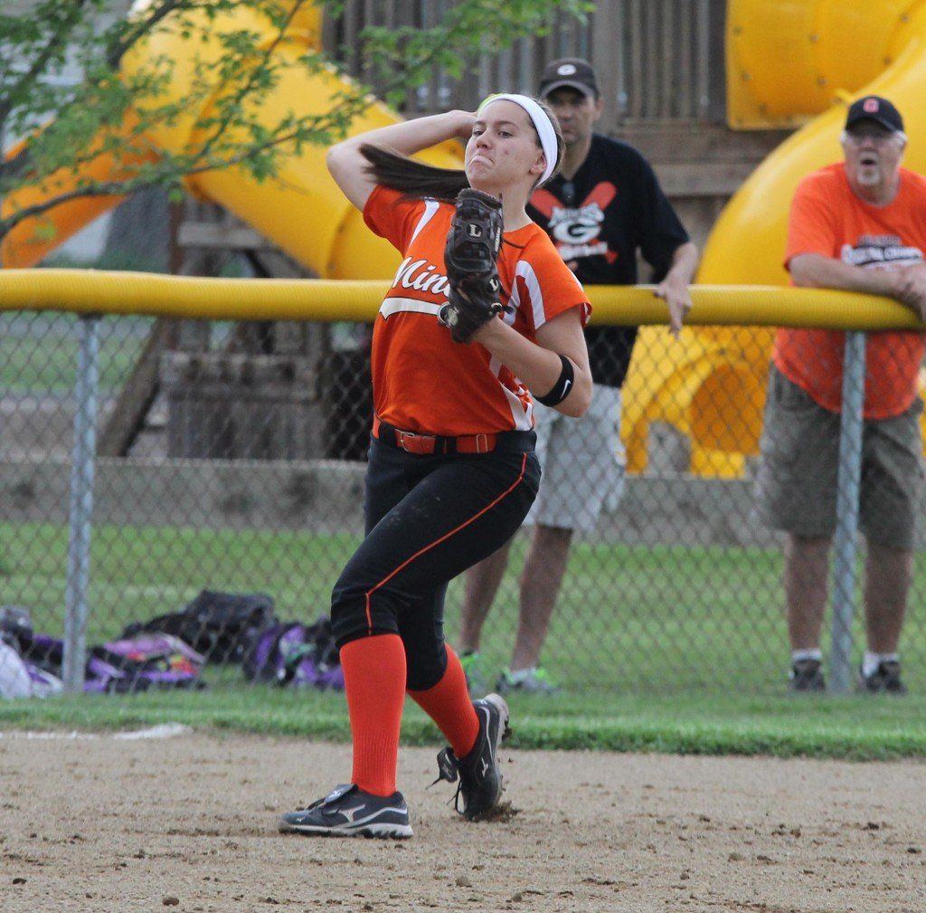 Beth Fields gathers up the ground ball and fires a rocket over to first base to throw out the baserunner in the Miners' victory over Pana last week. 