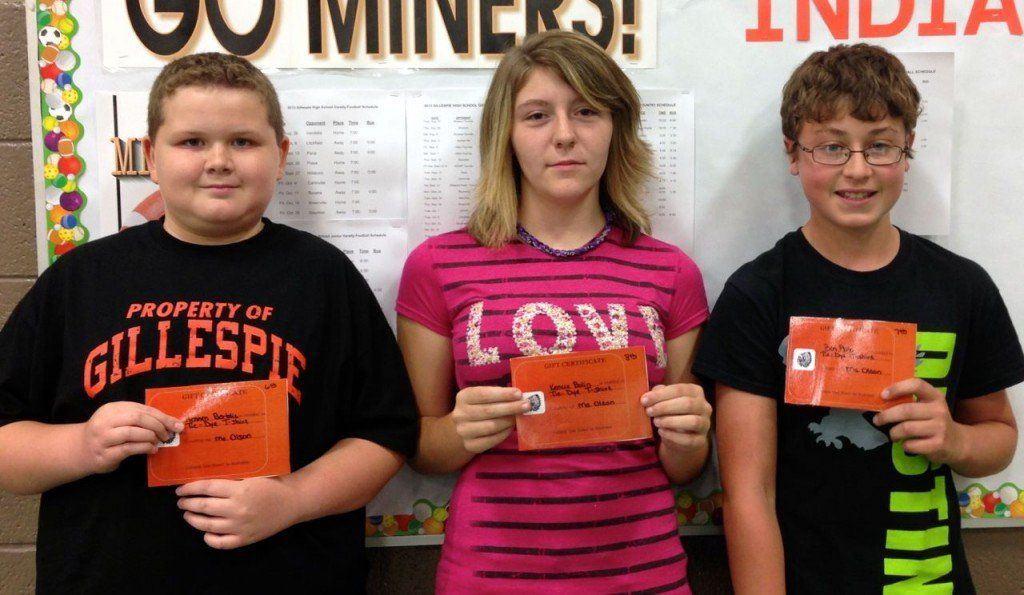 Kennen Bertollis, Kenzie Bolin, and Ben Pollo won Tie Dye shirts.