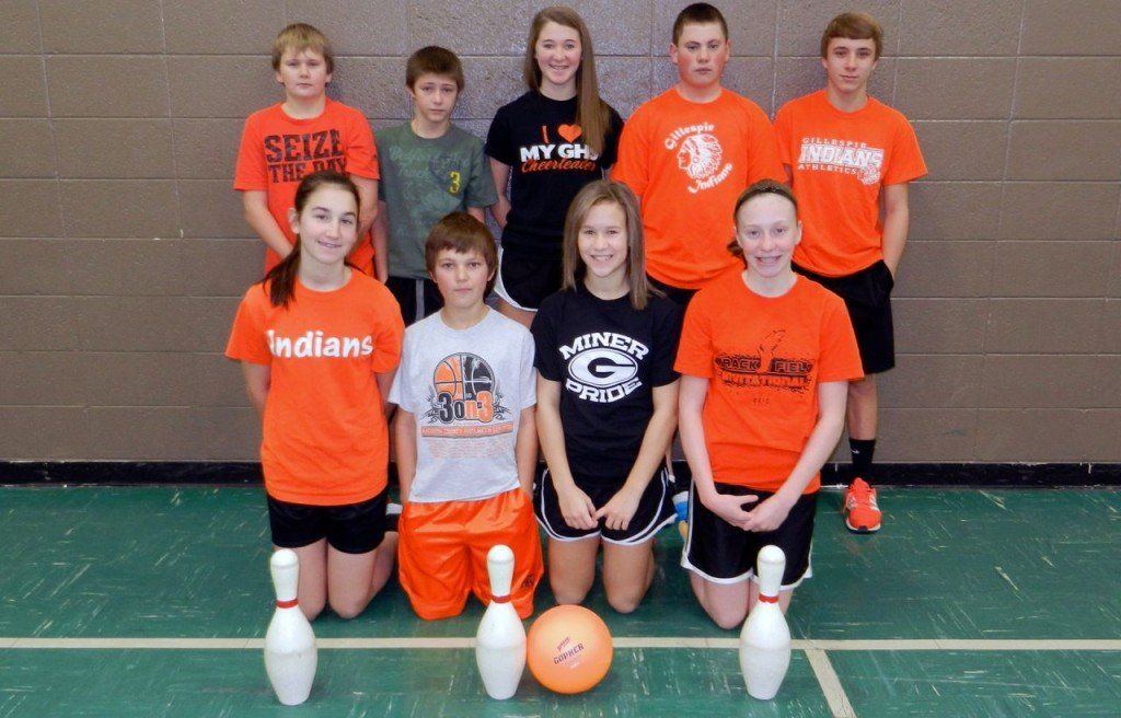 1st hour Gillespie Middle School PE class were the quadball champions. Pictured are (Back L-R): Dalton Hamilton, Gavin Bertoldi, Karli Carr, Nate Reiniesch, Maxx Fritz (Front L-R) Paige Niemeyer, Michael Robbins, Macie Halpin, Ally Clay.
