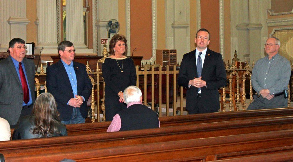 (L-R) Macoupin County Board Chairman Mark Dragovich, State Representative Wayne Rosenthal, Mayor of Carlinville Deanna Demuzio, State Senator Andy Manar, Macoupin County Sheriff Don Albrecht