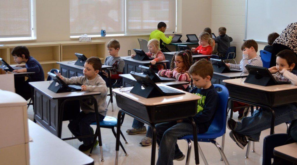 Students using technology to complete their standardized tests at Ben-Gil Elementary School. 