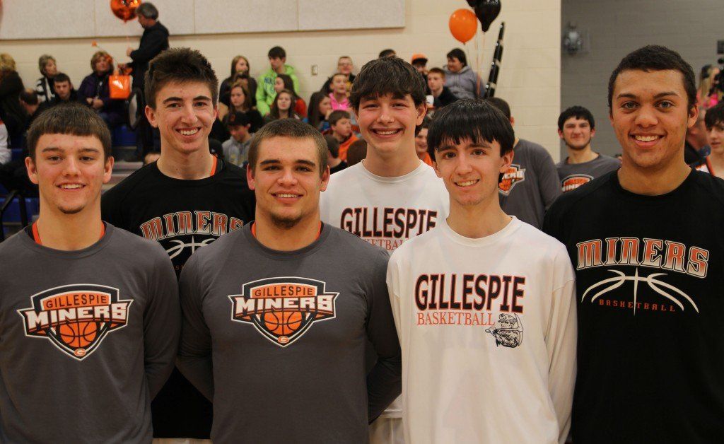 The Gillespie High School boys' basketball team celebrated senior night last week. Five seniors will leave the team: (L-R): Blake Peterson, Jake Fredericks, Derrick Tiburzi, Billy Werner, Austin Lytle, and Chris Halpin. 