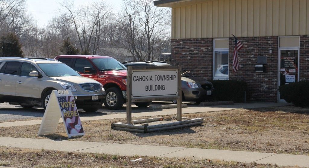 Cars line the parking lot of the Cahokia Township Building to vote on Tuesday for the General Primary Election. See the results here: http://bit.ly/1lMLvt4