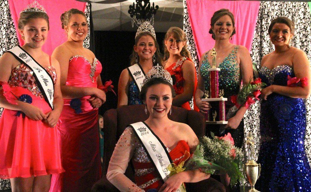 Kaitlin Henrichs was named 2014 Miss Black Diamond Days and she's pictured with Jr. Miss Grace Martin, retiring queen Abigail Harszy, and the other contestants: Deanna Landreth, Emily Harszy, Audrey Dewey and first runner up Alexis Burns. 