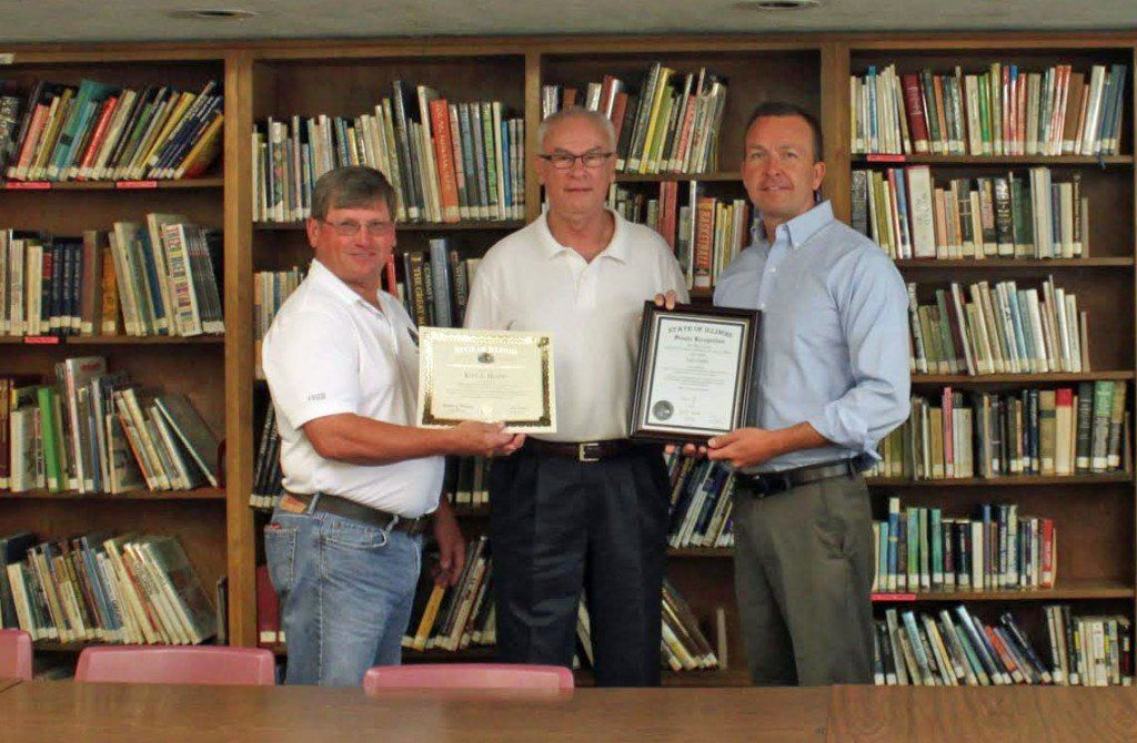Senator Andy Manar and Representative Wayne Rosenthal met with Staunton Superintendent Kyle Hlafka on Monday, June 30th to present him with certificates honoring him on his retirement after fourteen years as the District 6 superintendent.