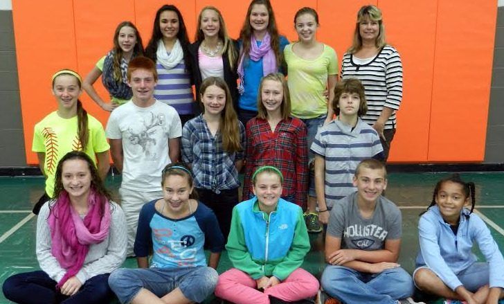 Front row 6th grade: Rosentreter, Link, Barrett, Frensko, Taylor Middle row 7th grade:  Mix, Reiniesch, Damm, Schmidt, McMillin  Back row 8th grade: Hedrick, Hendricks, Jarman, Miller, Martin and Mrs. Henderson