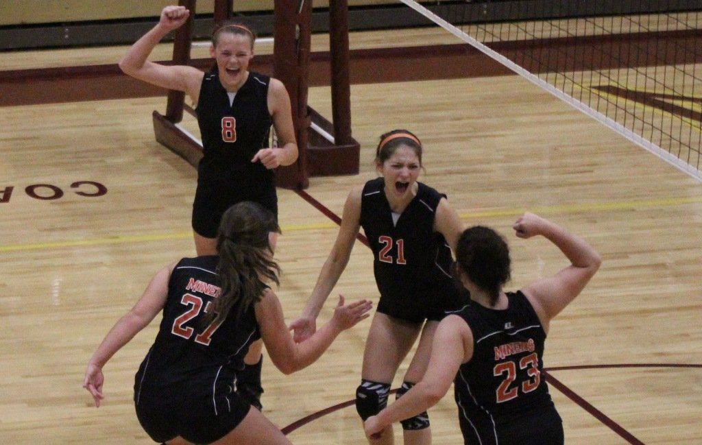 The Gillespie volleyball team celebrates after beating Staunton in the regional championship. The girls will play Tuesday night in Sparta. 