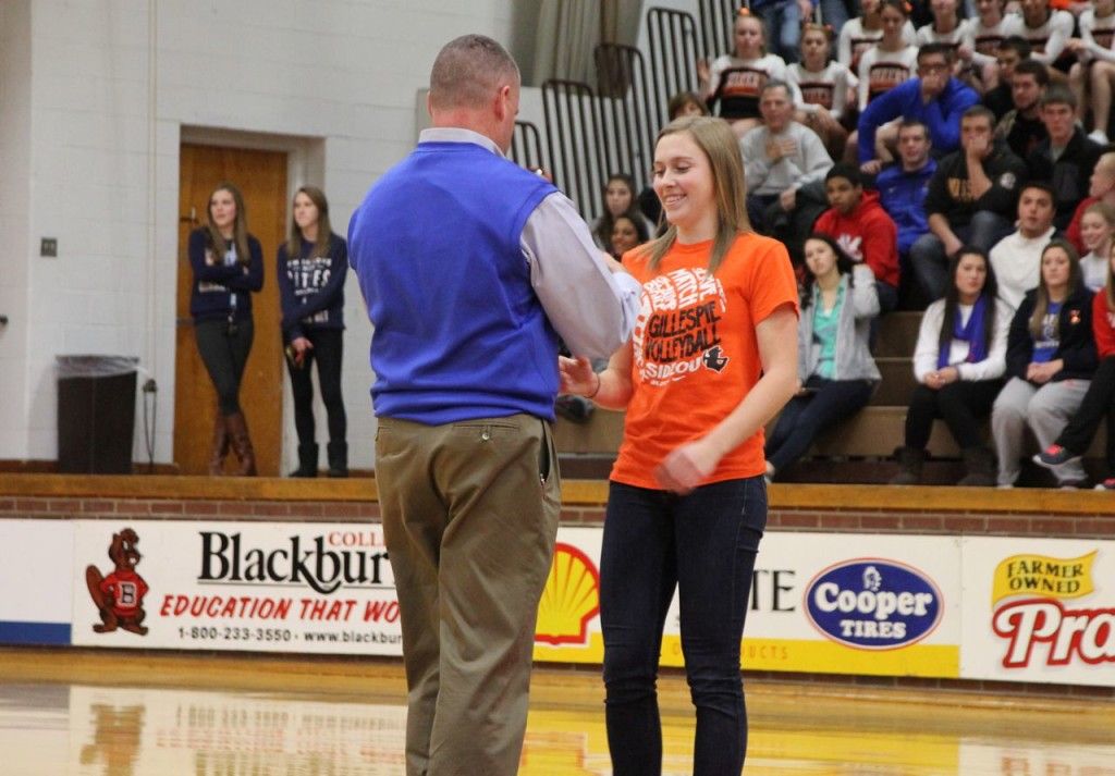 Amanda Schmidt accepts her All-Tournament Team medal. Schmidt was the only player from Gillespie to be named to the six-person team. 