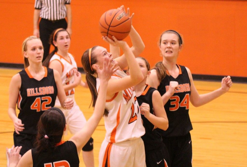 Bailey Jarman scores for Gillespie last week in their matchup against Hillsboro. The ladies lost the battle 39-49.