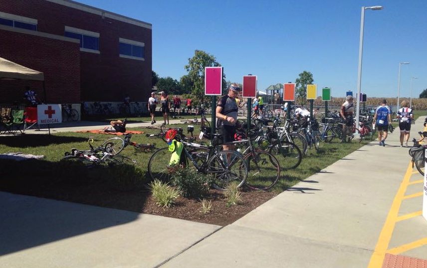 Participants riding for MS last weekend line their bikes up outside Ben-Gil Elementary School while they recharge inside. (Photo Margie Brill)
