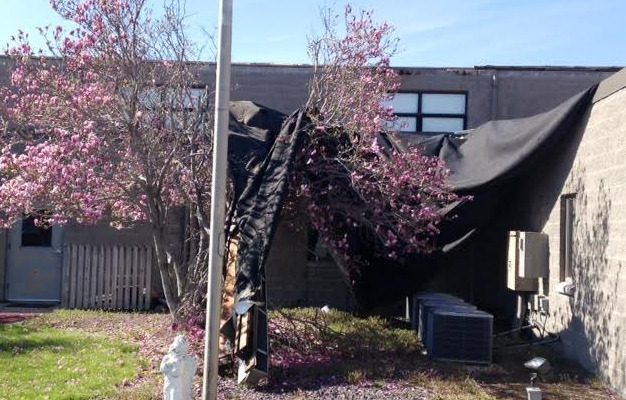 High winds completely tore off the rubber membrane of the United Methodist Church of Gillespie's fellowship hall roof.