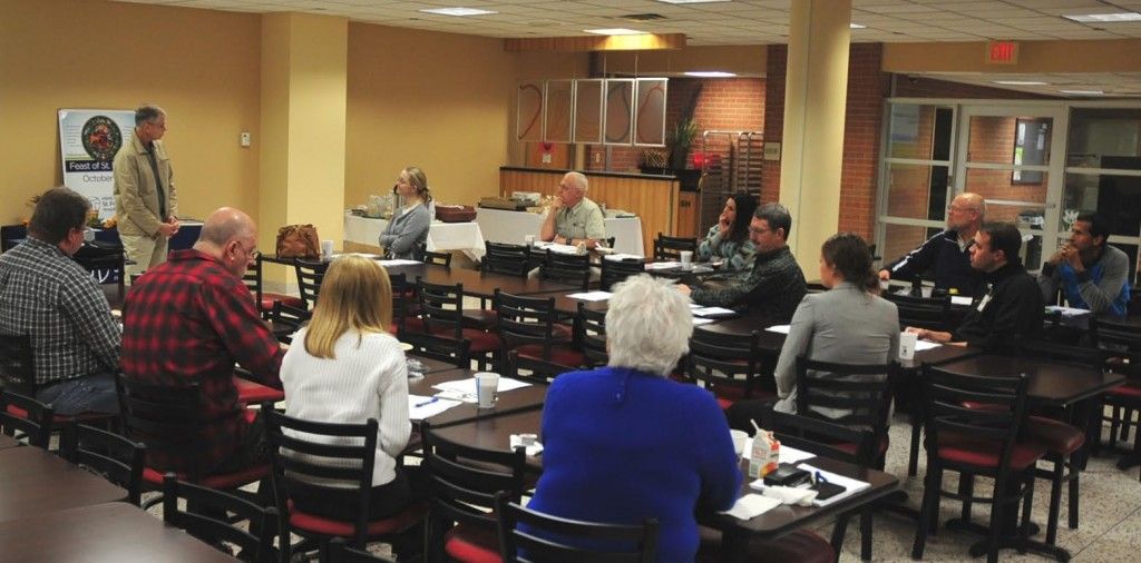 Phillip Johnson, MD, Litchfield Family Practice Center is pictured addressing the group at the October meeting at St. Francis. He introduced Kari Jerge, MD, head of trauma services at HSHS St. John’s Hospital, Springfield who was a guest speaker.